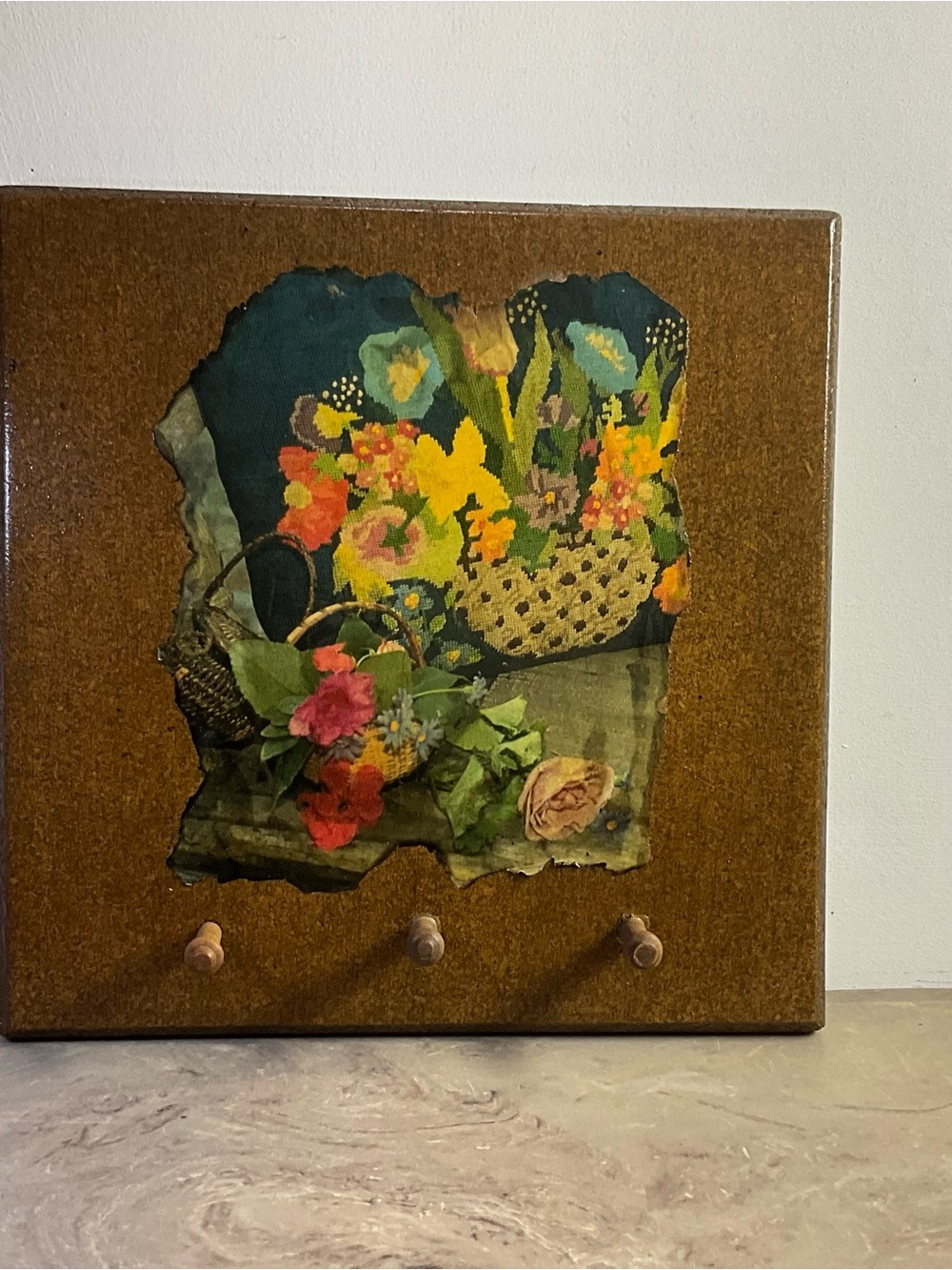 Vintage Wooden Wall-Hanging Key Rack Decoupage Floral Print Three Wooden Pegs